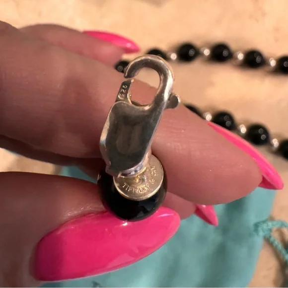 Tiffany Co Onyx and sterling bead necklace